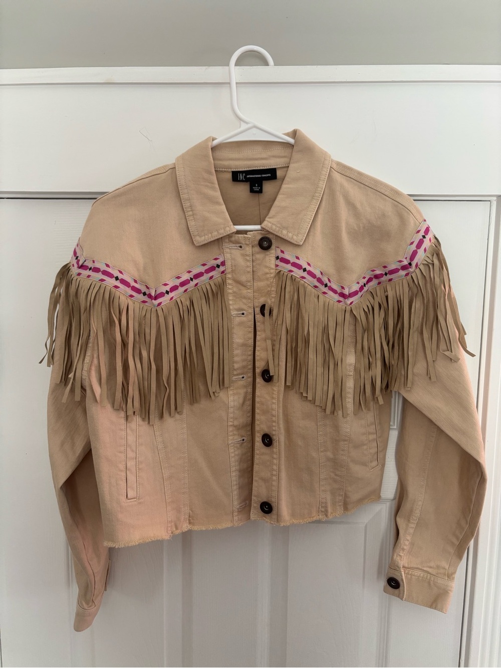 INC International Concepts Cream Fringe Jean Jacket Size Small NWT Boho Western